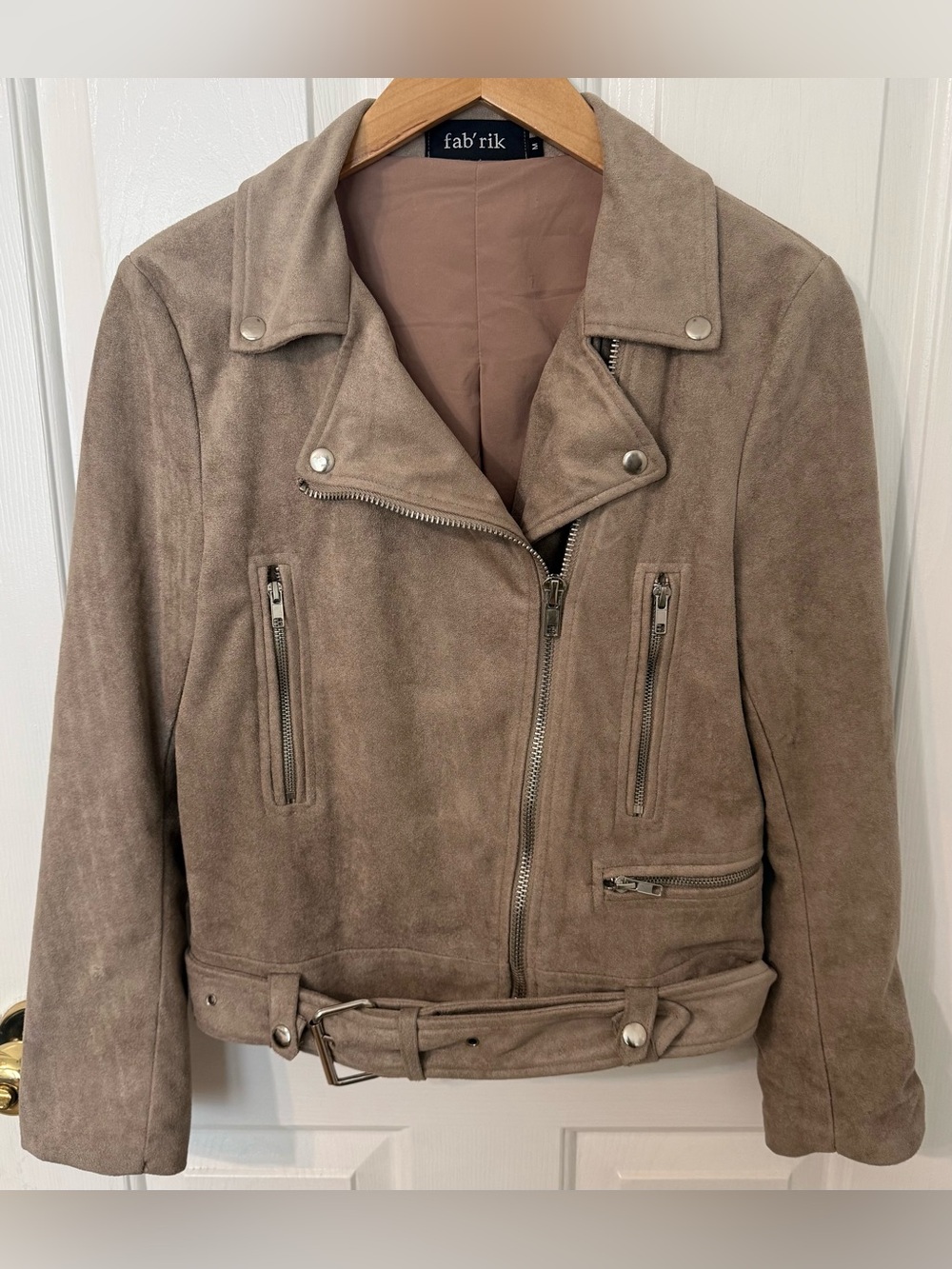 Fab’rik Taupe Faux Suede Belted Moto Jacket — M